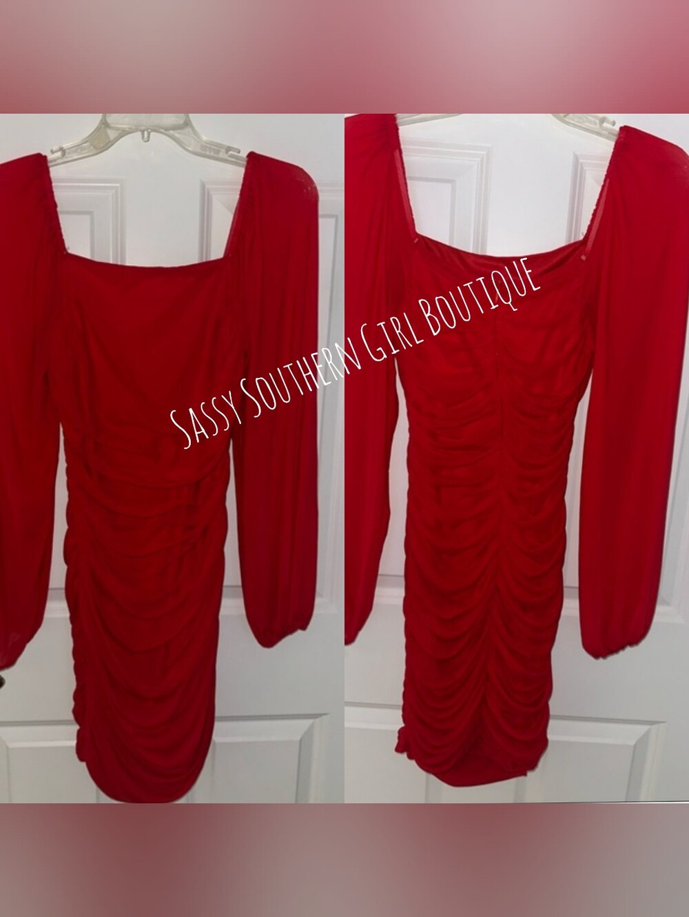 🆕⭐Red Ruched Long-Sleeve Mini Dress - Picture 10 of 13